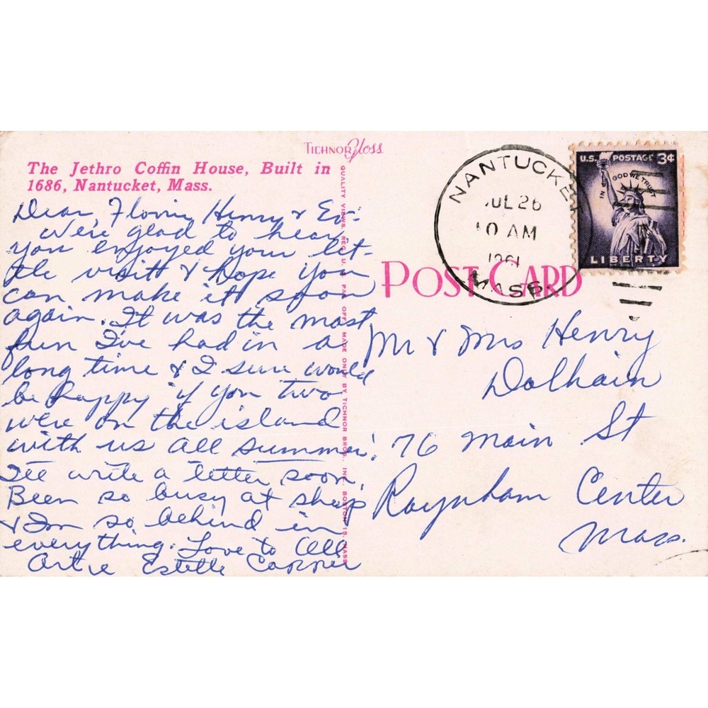 Vintage Jethro Coffin House Nantucket Massachusetts Linen Postcard 1961 Postmark - Picture 2 of 2